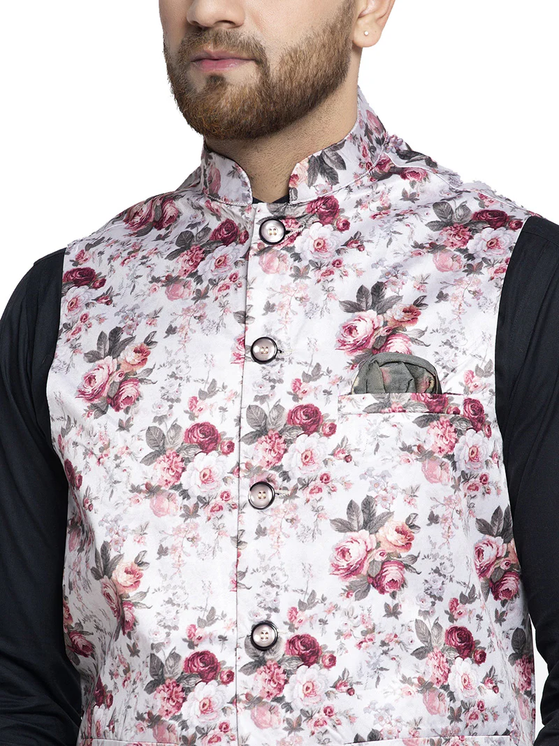 Stylish Floral Jawahar Jacket for Men with Mandarin Collar (Silver-Pink) - Image 5