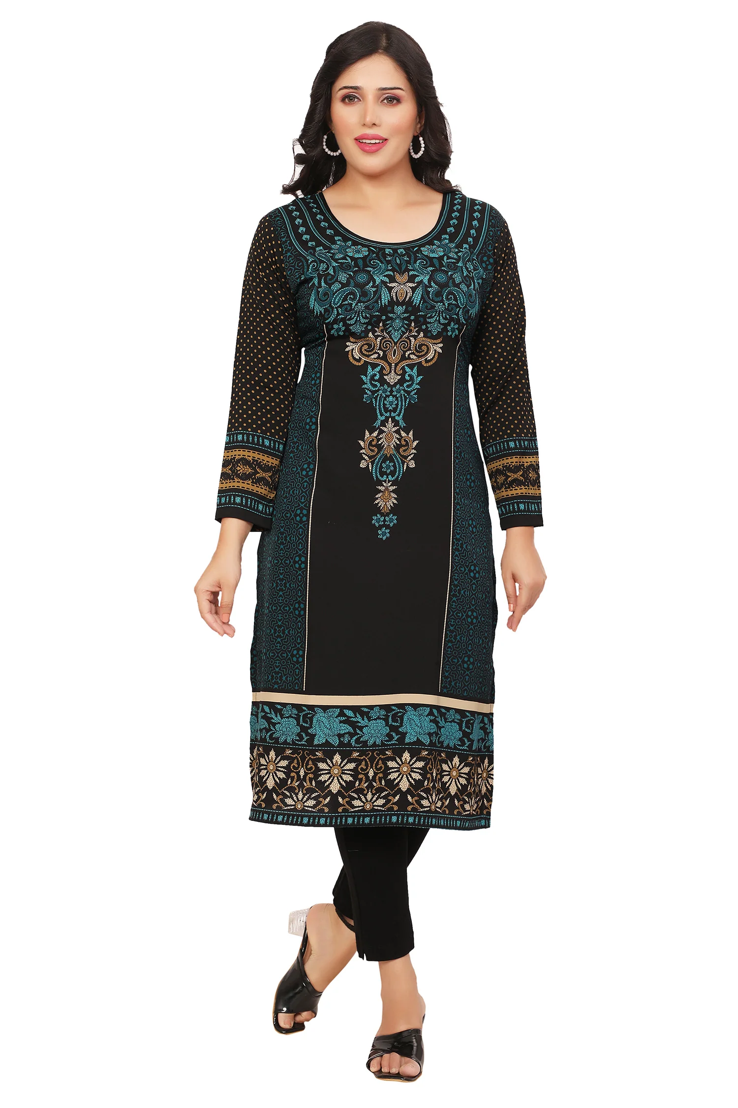 Stylish Green Ethnic Long Kurti - Modern Indian Wear for Women (Black-Green) - Image 4