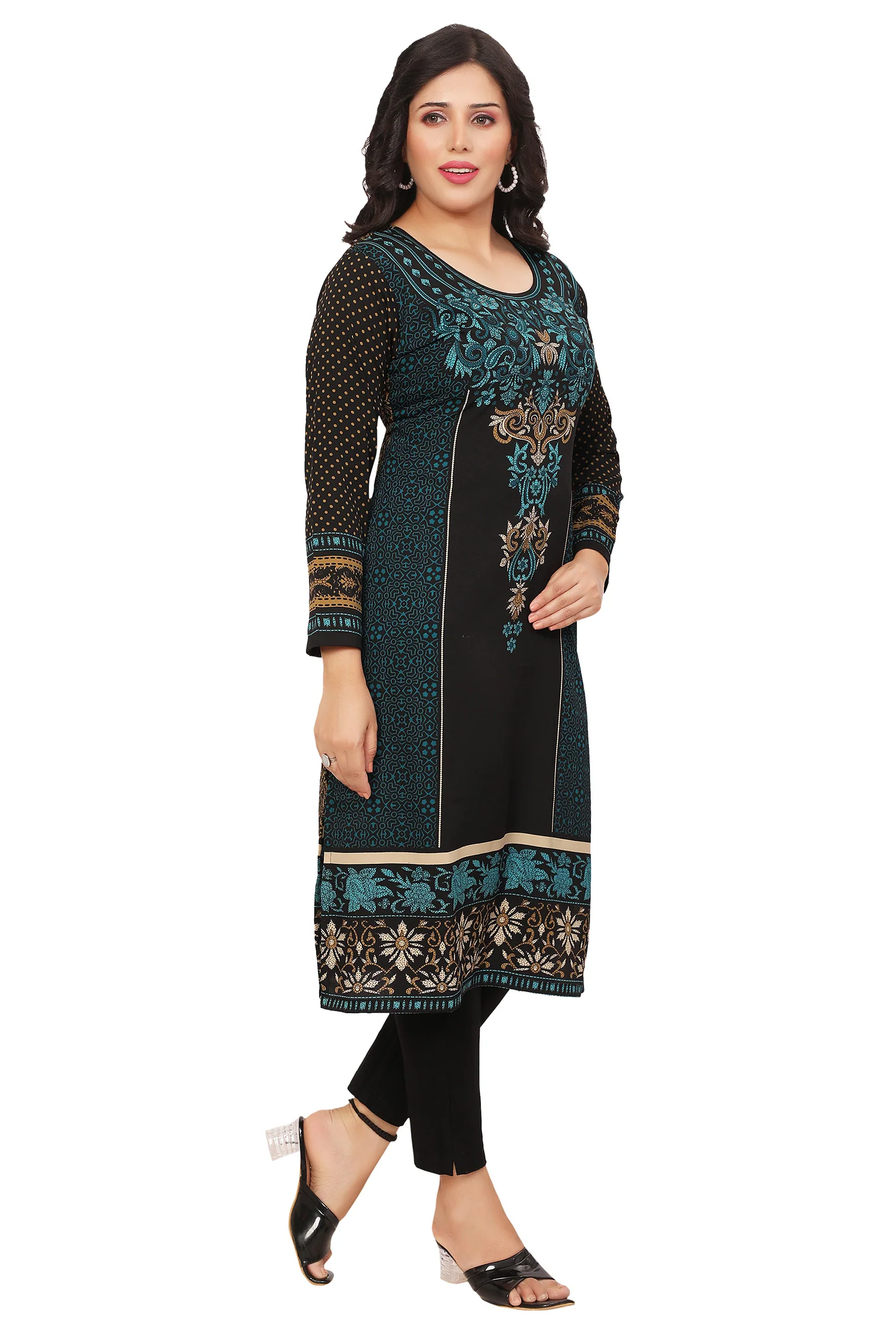 Stylish Green Ethnic Long Kurti - Modern Indian Wear for Women (Black-Green) - Image 6