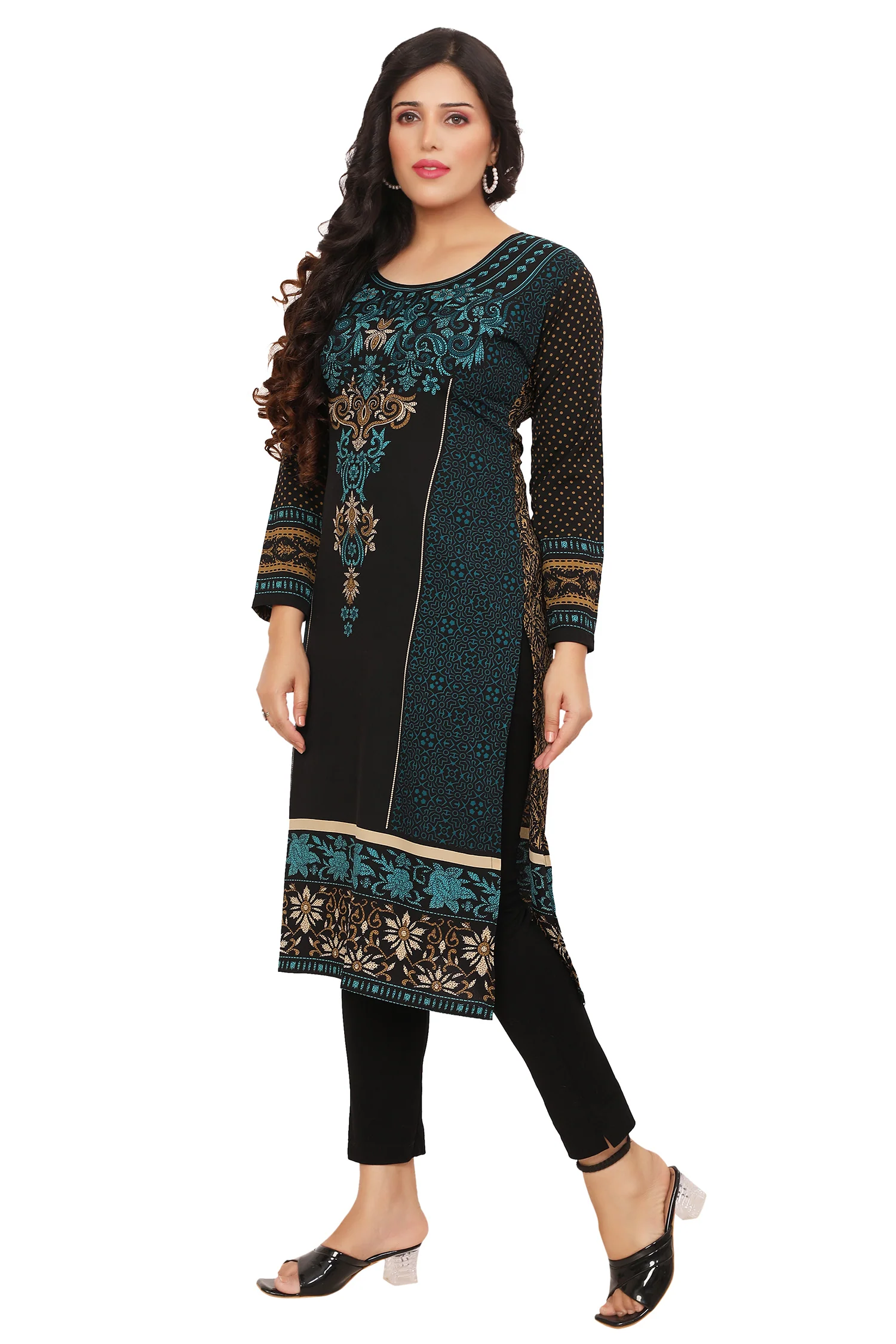 Stylish Green Ethnic Long Kurti - Modern Indian Wear for Women (Black-Green) - Image 7