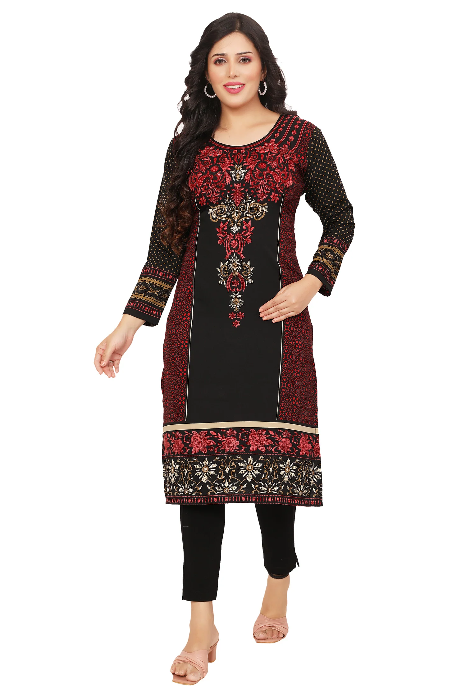 Stylish India Long Kurti - Trendy Ethnic Wear for Women (Black-Maroon) - Image 4