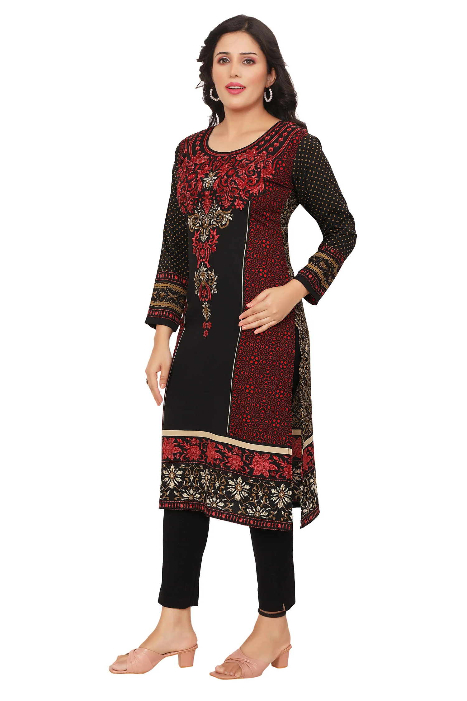 Stylish India Long Kurti - Trendy Ethnic Wear for Women (Black-Maroon) - Image 7