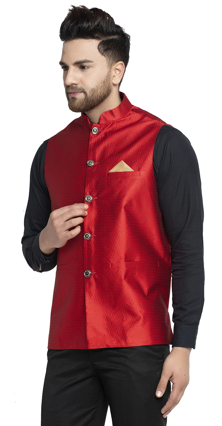 Stylish Maroon Silk Nehru Jacket for Men - Elegant Formal Nehru Jacket - Image 2