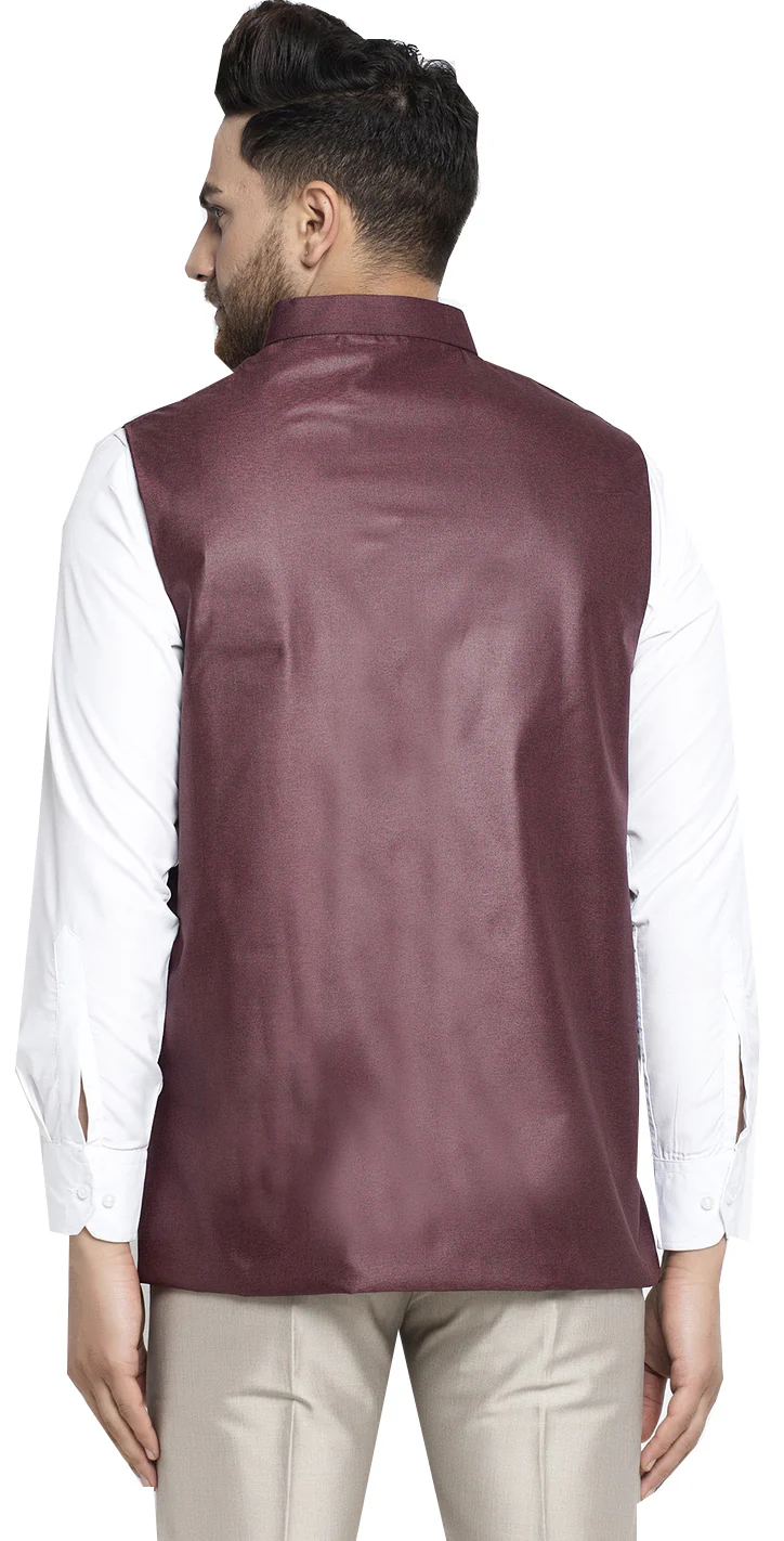 Stylish Sleeveless Nehrus Jacket for Men with Mandarin Collar in Cotton (Maroon) - Image 3