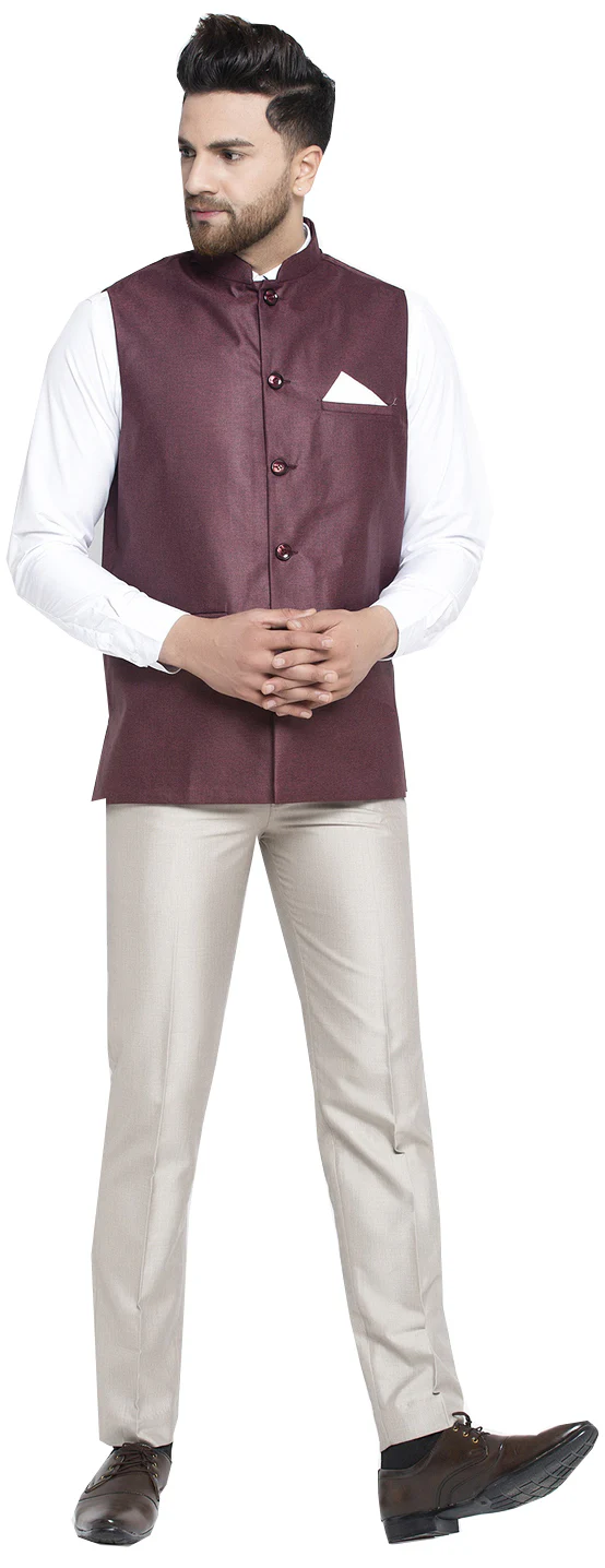 Stylish Sleeveless Nehrus Jacket for Men with Mandarin Collar in Cotton (Maroon) - Image 4
