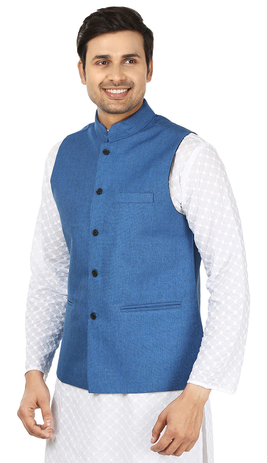 Traditional Indian Men's Sleeve Less Jute Closed Neck Waistcoat (Blue) - Image 2
