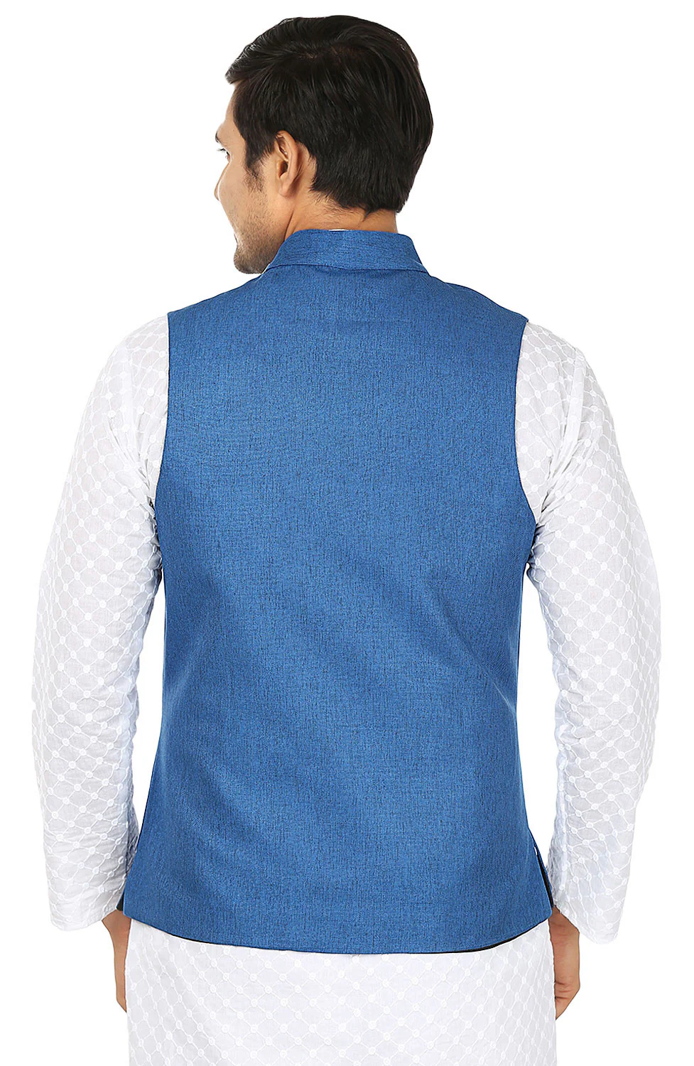 Traditional Indian Men's Sleeve Less Jute Closed Neck Waistcoat (Blue) - Image 3