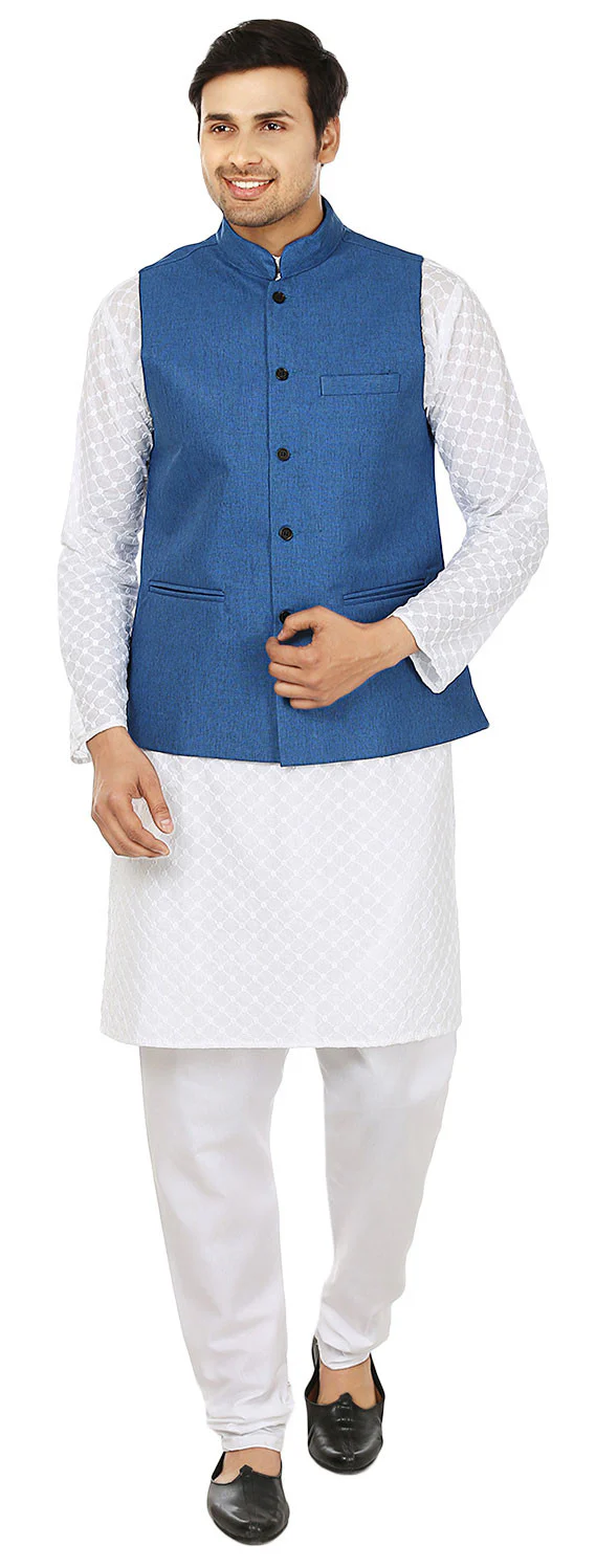 Traditional Indian Men's Sleeve Less Jute Closed Neck Waistcoat (Blue) - Image 4