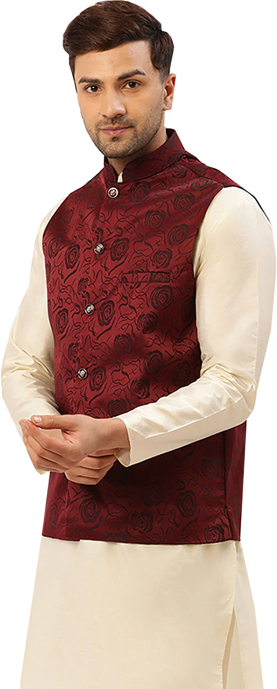 Traditional Indian Nehru Jacket for Men with Mandarin Collar - Floral Design (Maroon) - Image 2