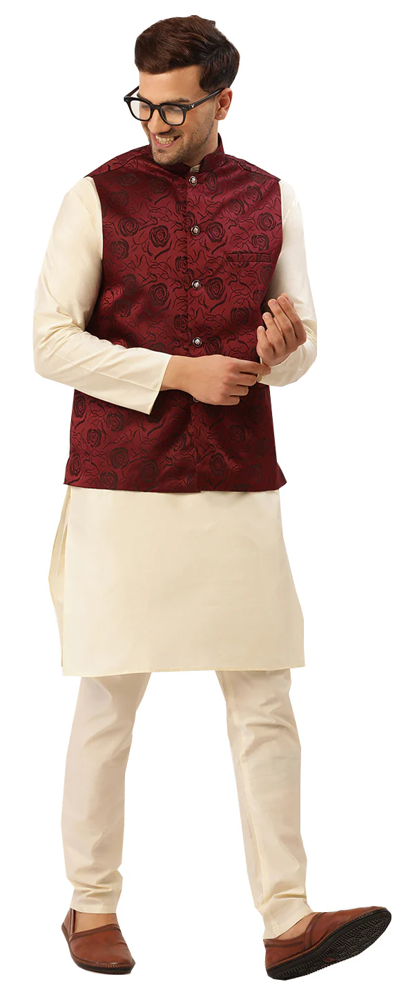 Traditional Indian Nehru Jacket for Men with Mandarin Collar - Floral Design (Maroon) - Image 3