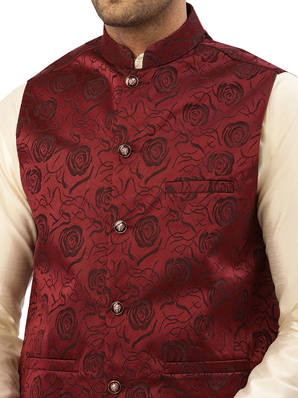 Traditional Indian Nehru Jacket for Men with Mandarin Collar - Floral Design (Maroon) - Image 5