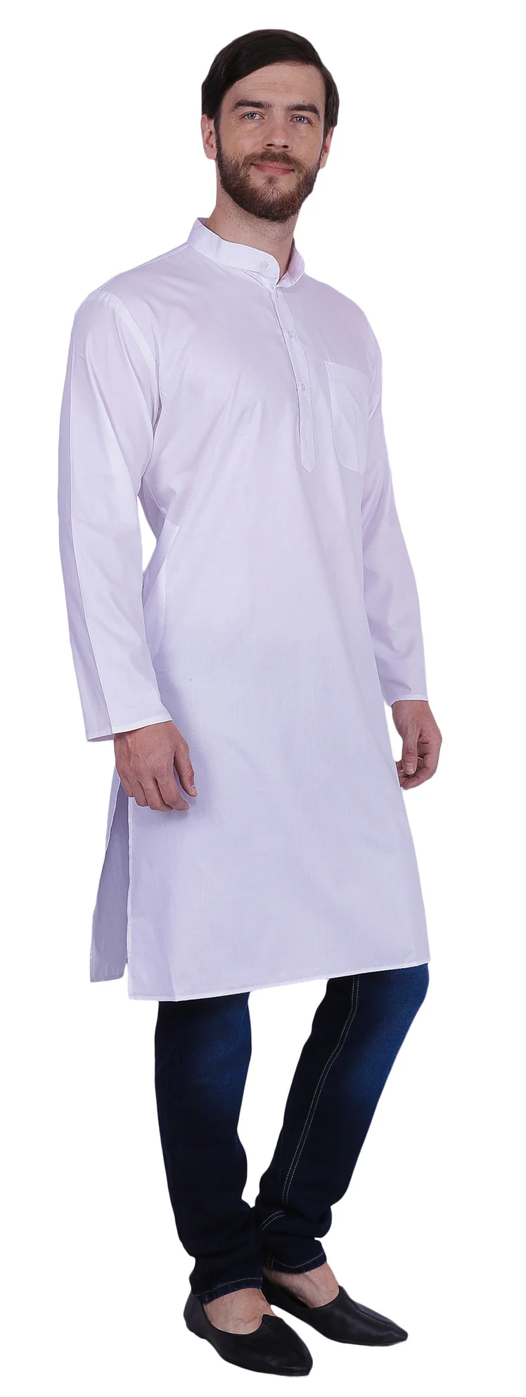 Traditional Men's Long Kurta Solid Color India Clothes (White) - Image 2