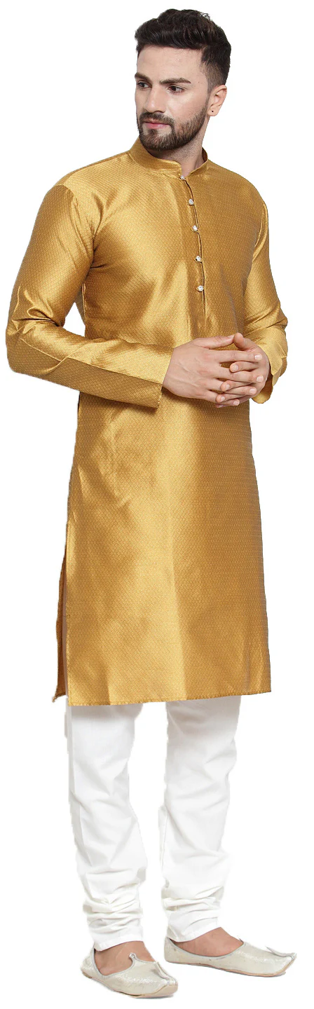 Traditional Men's Silk Kurta Pajama Indian Party Dress (Mustard) - Image 2