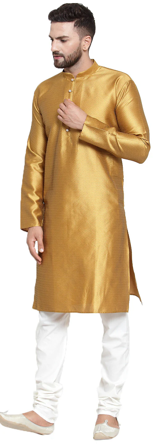 Traditional Men's Silk Kurta Pajama Indian Party Dress (Mustard) - Image 3