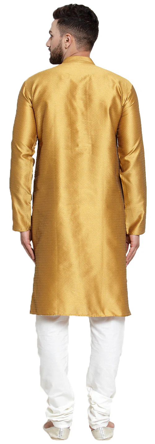 Traditional Men's Silk Kurta Pajama Indian Party Dress (Mustard) - Image 4