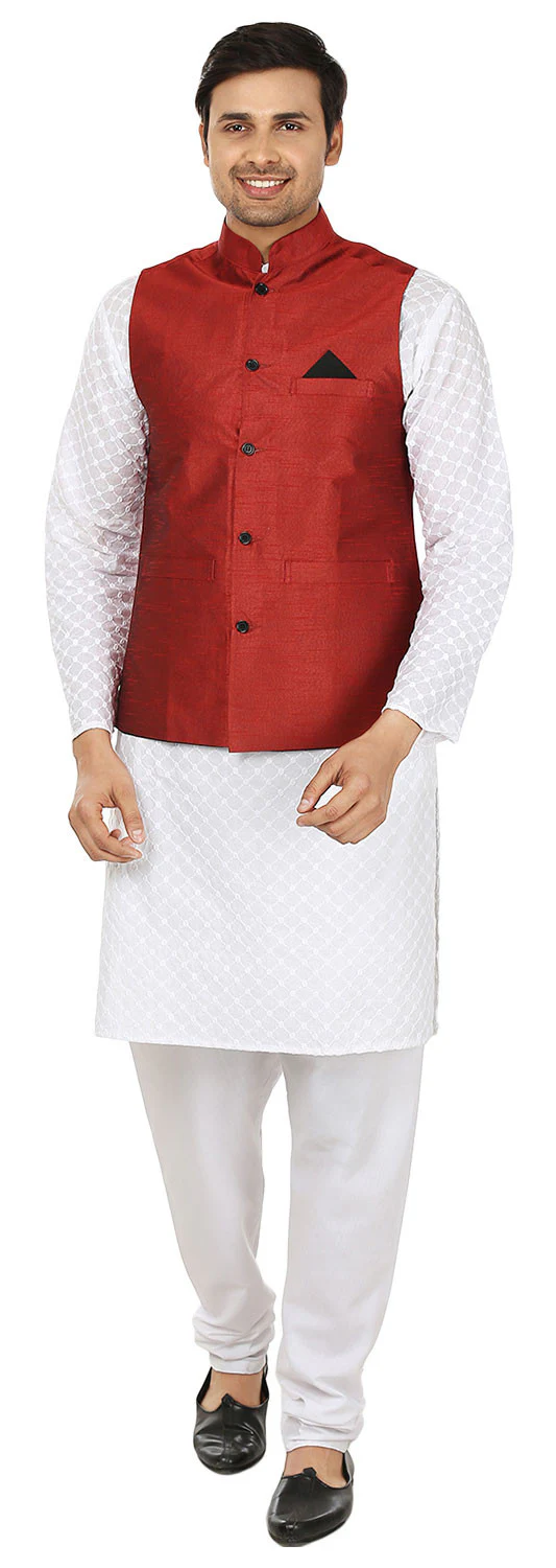 Traditional Men's Sleeve Less Silk Nehru Jacket India Waistcoat (Red) - Image 4