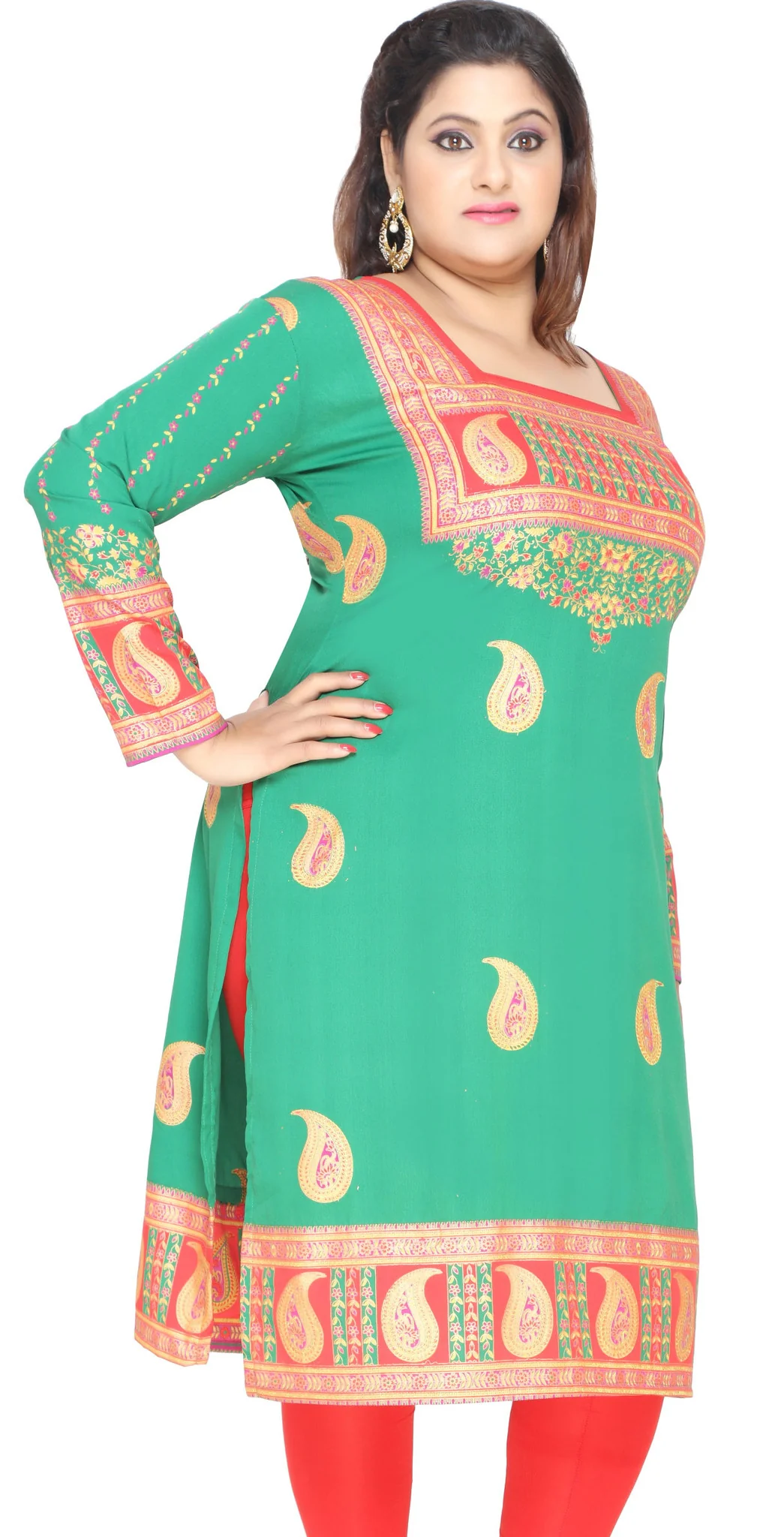 Tunic Long Top Kurti Womens Plus Size Indian Clothes (Green) - Image 2