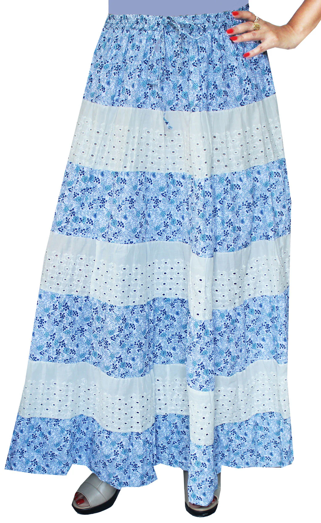 Women Printed Cotton Embroidered Long Skirt India Clothes (Blue)