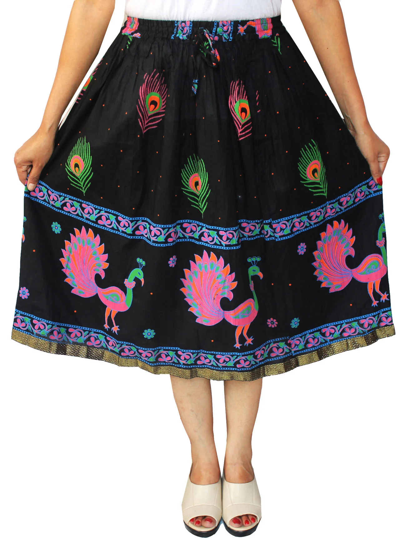 Women Printed Cotton Long Skirt India Clothes (Black) - Image 2