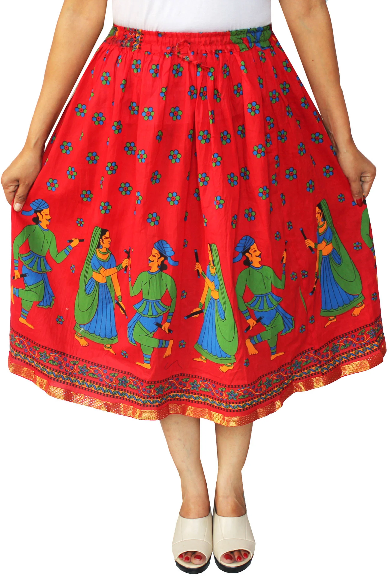 Women Printed Cotton Long Skirt India Clothes (Red) - Image 2