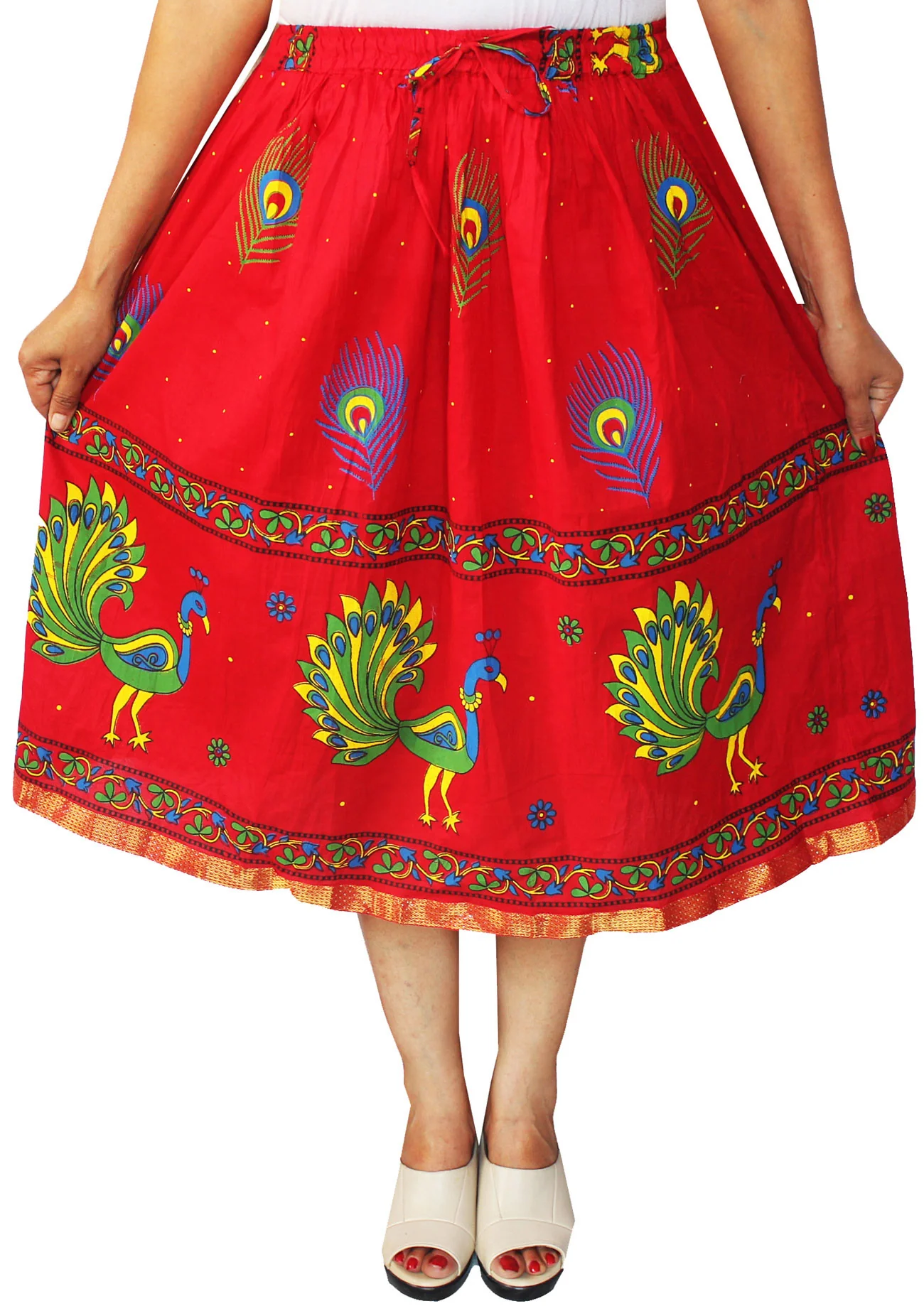 Women Printed Cotton Long Skirt India Clothes (Red) - Image 2