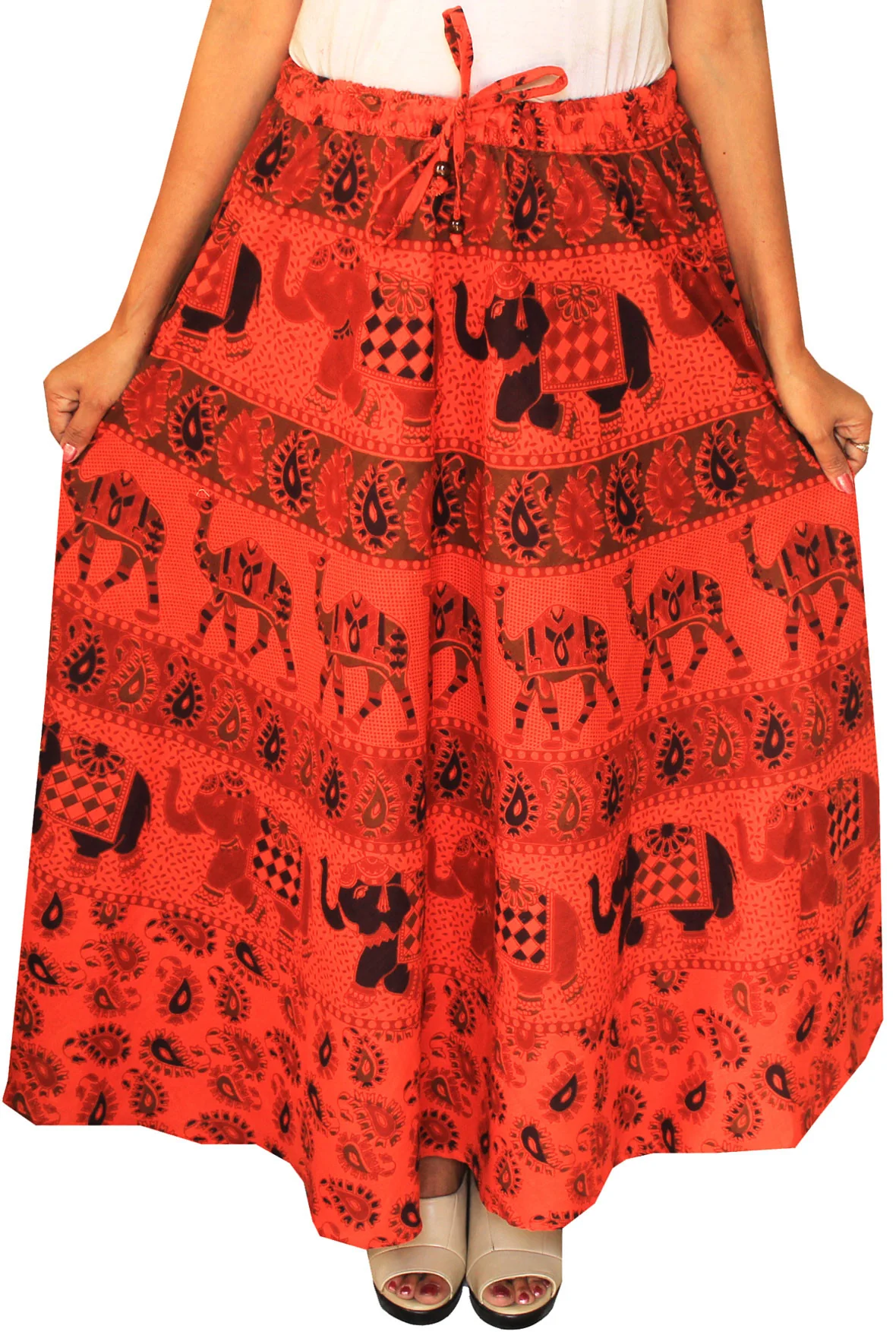 Women Printed Cotton Long Skirt India Clothes (Orange) - Image 2