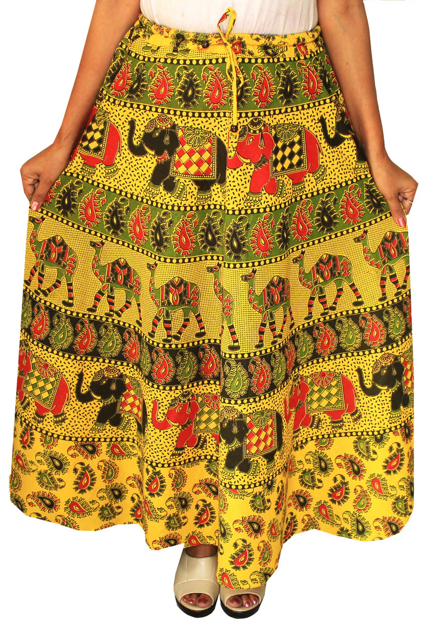 Women Printed Cotton Long Skirt India Clothes (Yellow) - Image 2