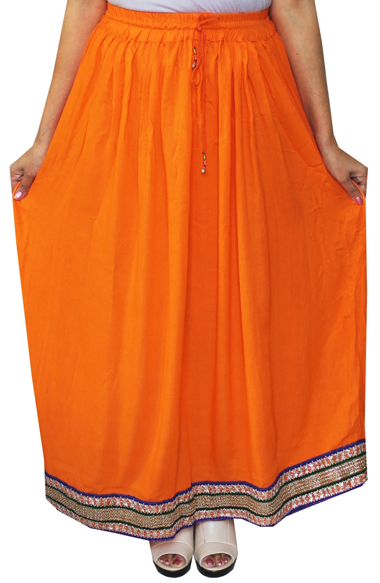 Women Solid Color Rayon Long Skirt India Clothes (Orange) - Image 2