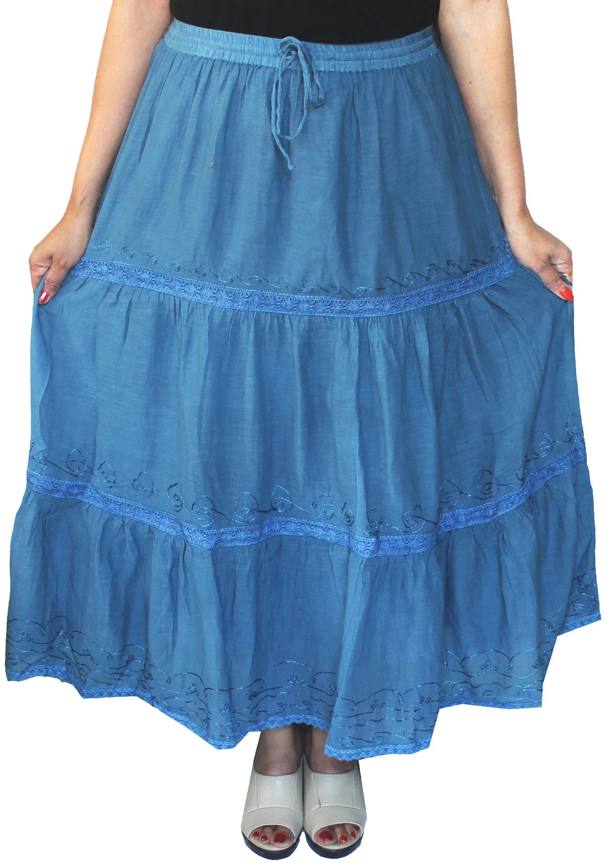 Women Solid Embroidered Cotton Skirt India Clothes (Blue) - Image 2
