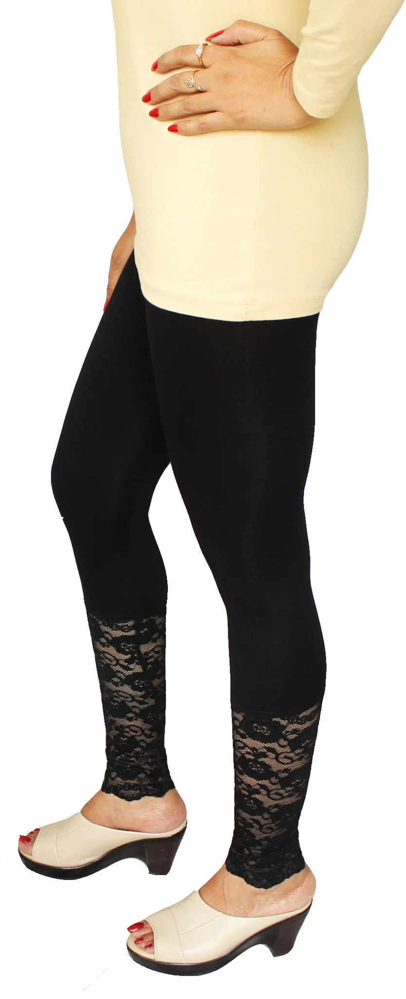 Womens Ankle Length Lace Leggings Tights Floral Pants (Black) - Image 2