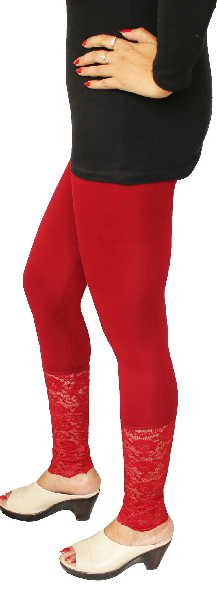 Womens Ankle Length Lace Leggings Tights Stretchable Pants (Maroon) - Image 2