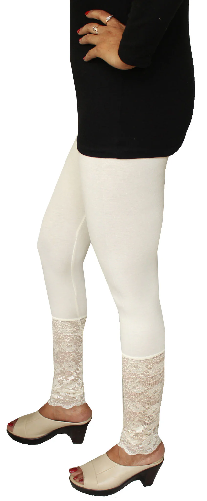 Womens Ankle Length Lace Leggings Tights Stretchable Pants (Off-White) - Image 2