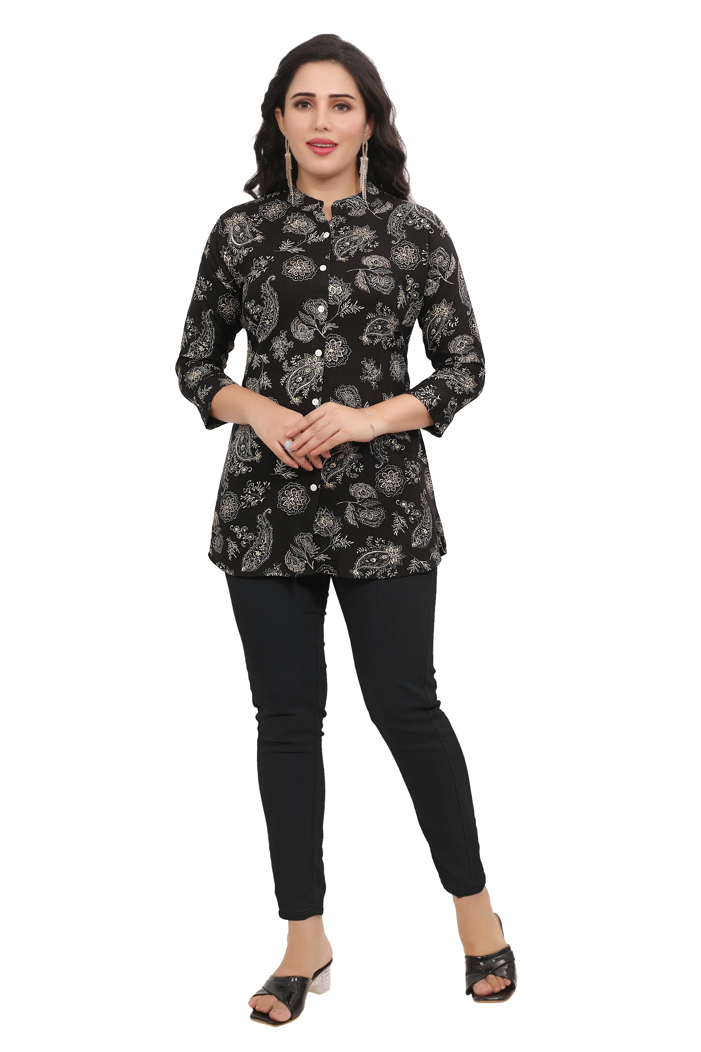 Women's Cotton Short Kurtis Tunic Top Kurta from India (Black) - Image 4