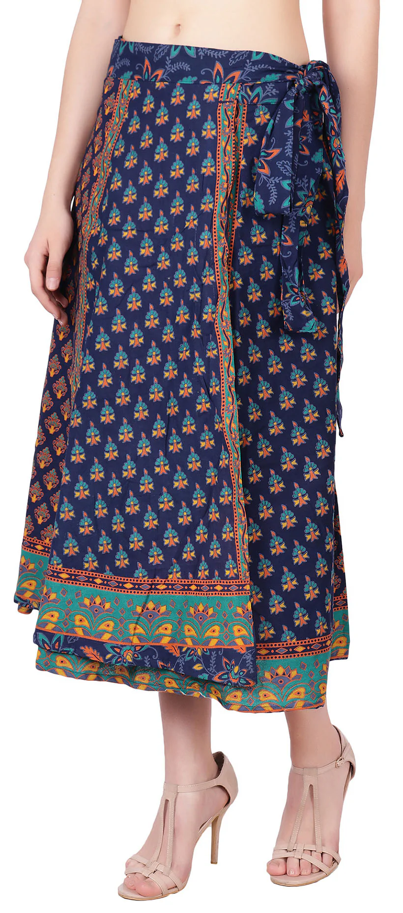 Women's Cotton Wrap Around Skirt Block Printed (Blue, One Size) - Image 2