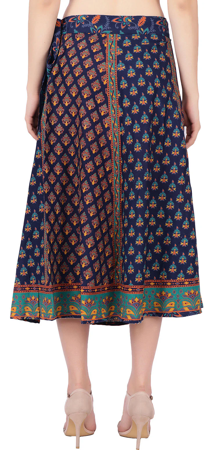Women's Cotton Wrap Around Skirt Block Printed (Blue, One Size) - Image 3