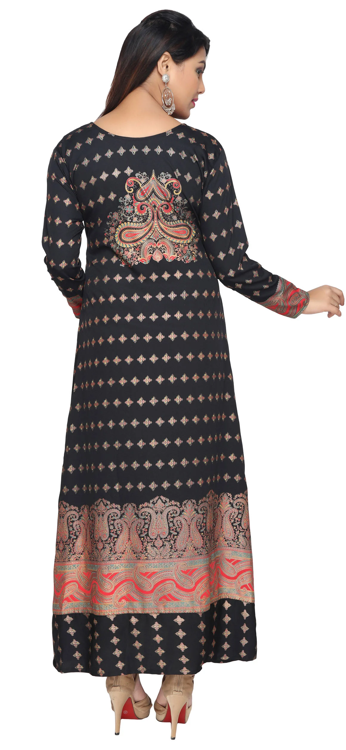 Women's Evening Printed Long Caftan Dress Abayas Kaftan (Black) - Image 4