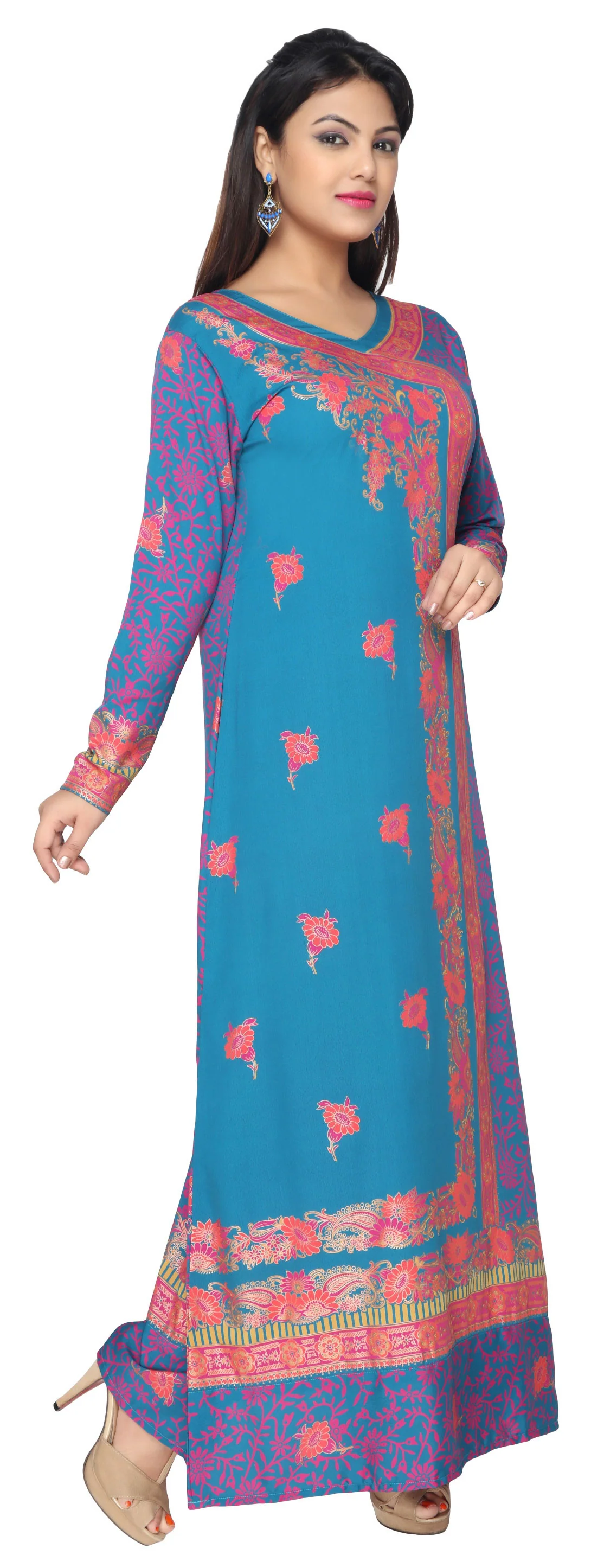 Womens Evening Printed Long Dress Abayas Kaftan (Blue) - Image 2
