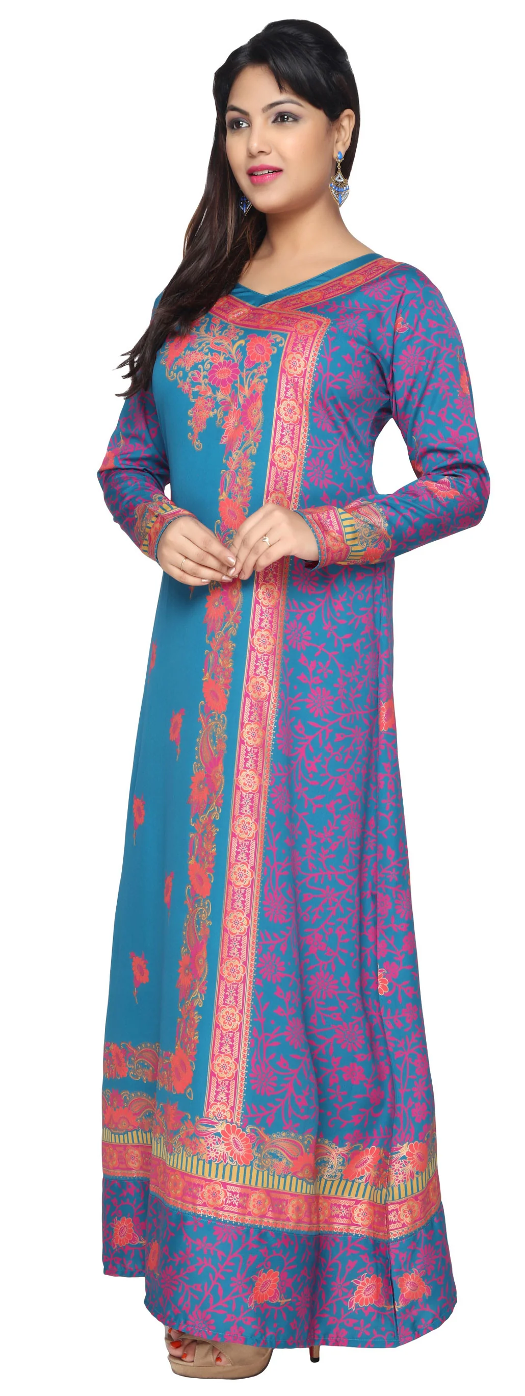 Womens Evening Printed Long Dress Abayas Kaftan (Blue) - Image 3