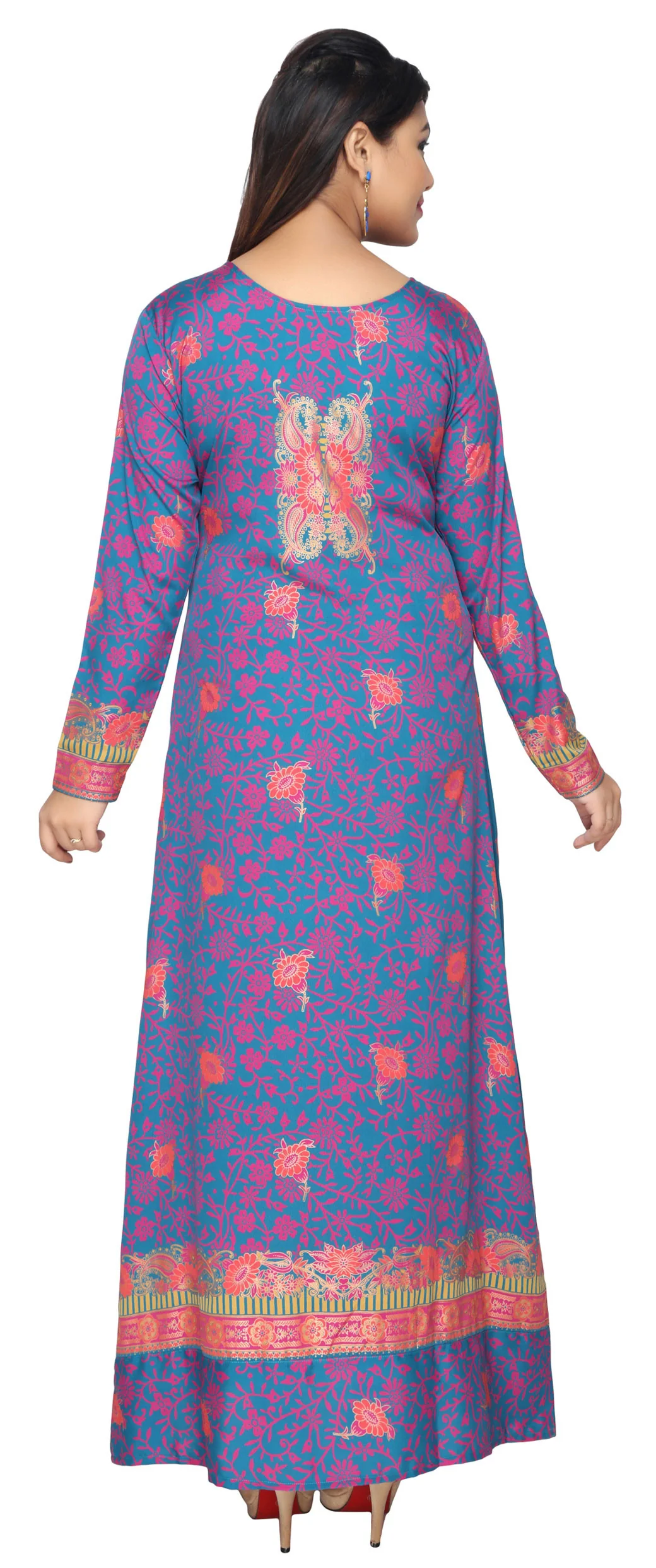 Womens Evening Printed Long Dress Abayas Kaftan (Blue) - Image 4
