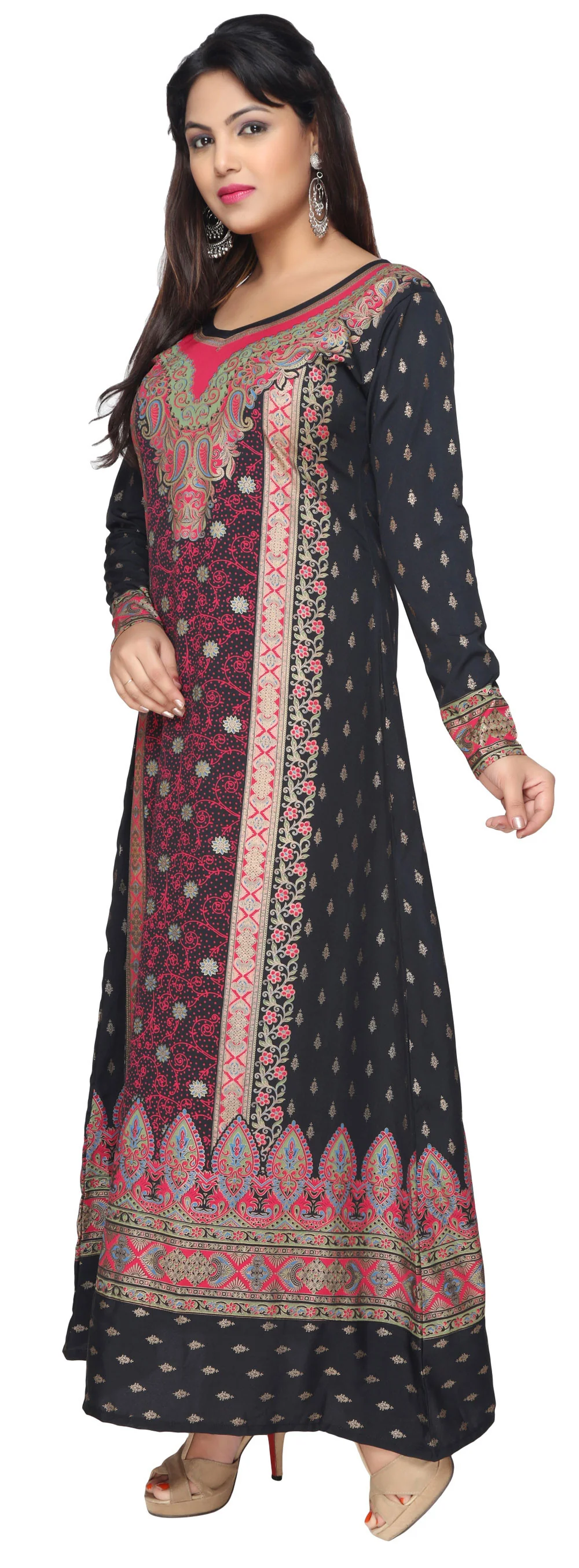 Womens Evening Printed Long Dress Kaftan (Black-Pink) - Image 2