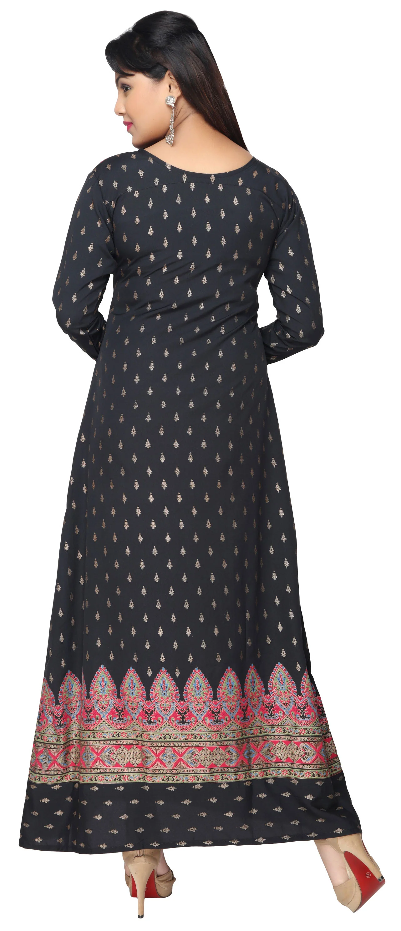 Womens Evening Printed Long Dress Kaftan (Black-Pink) - Image 3