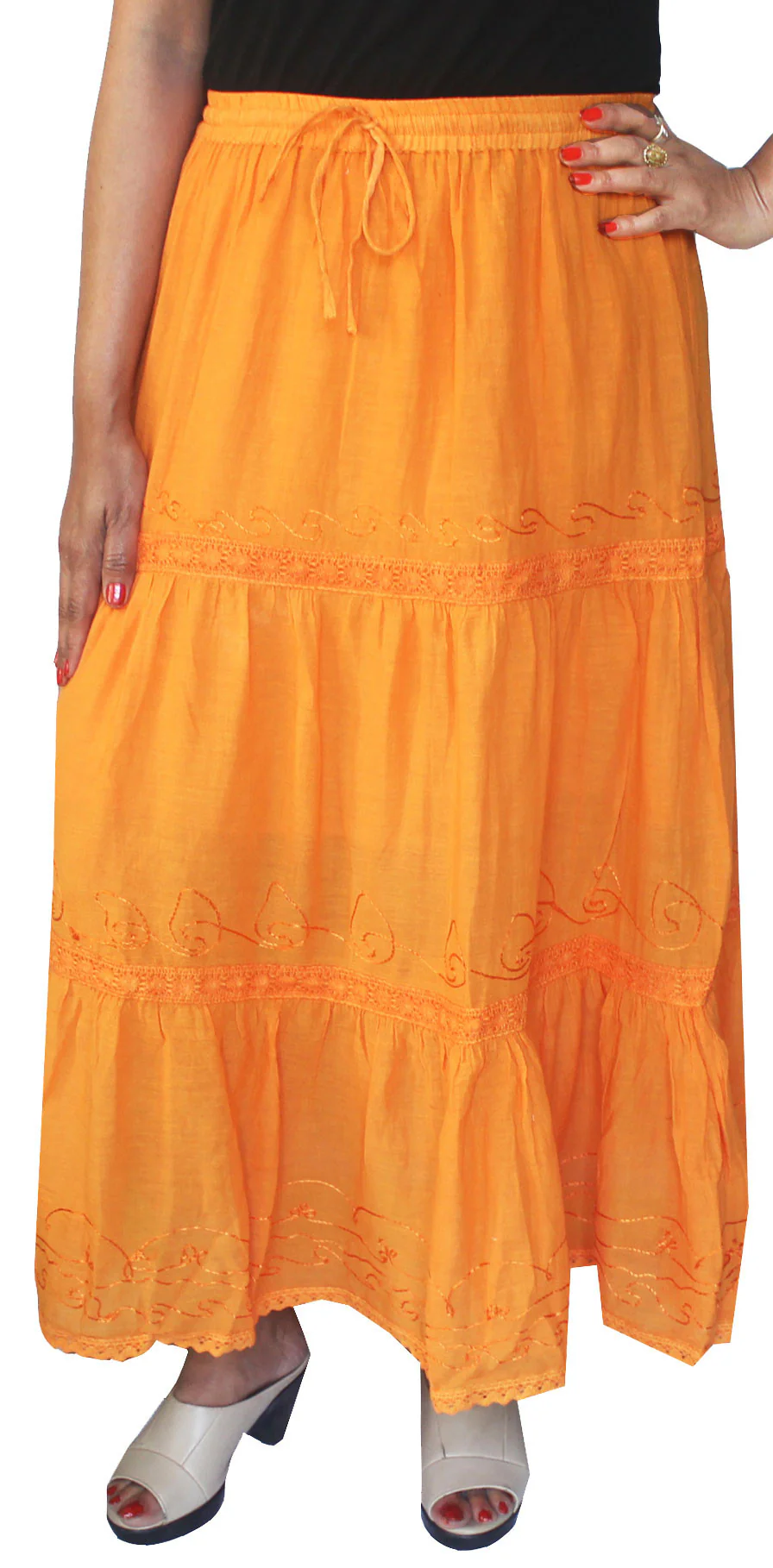 Womens Indian Skirt Solid Embroidered Cotton India Clothing (Orange)