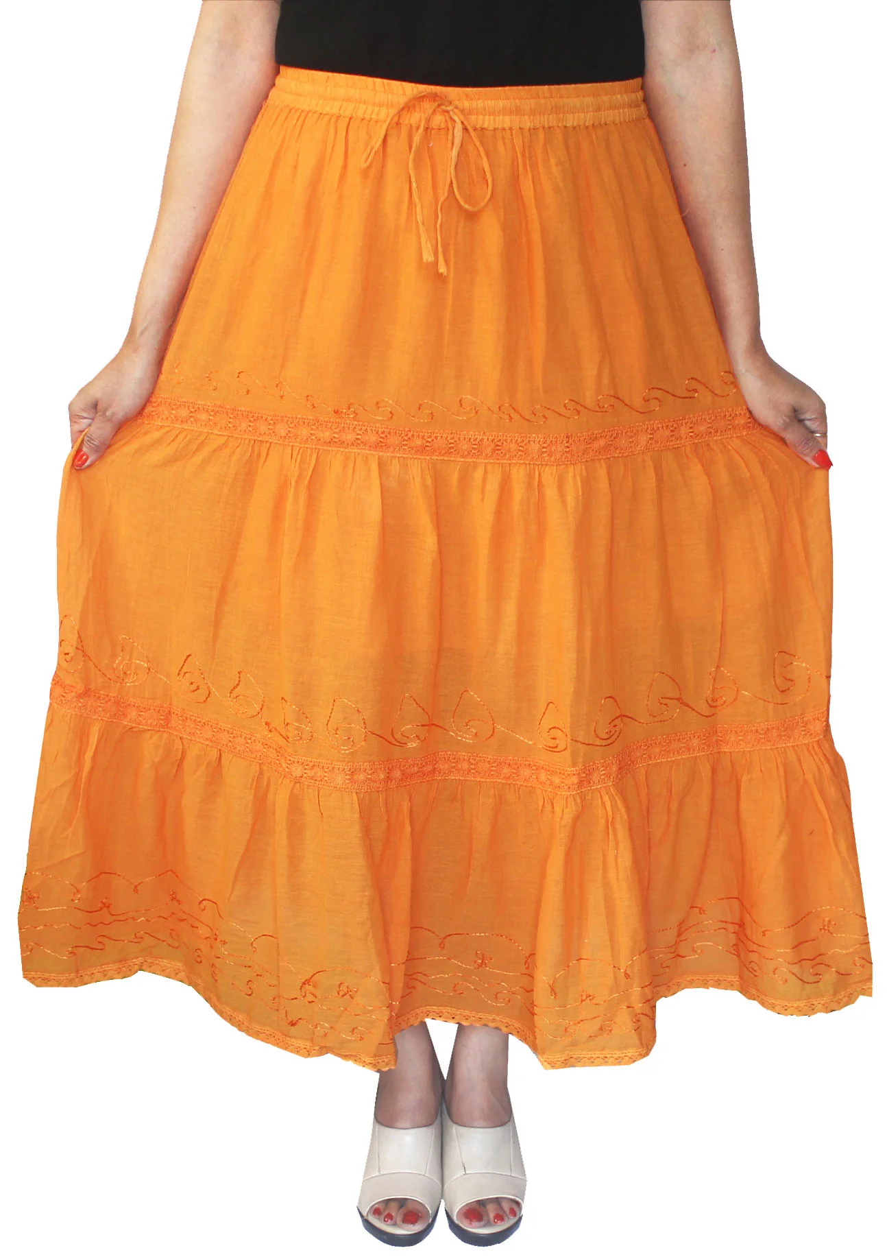 Womens Indian Skirt Solid Embroidered Cotton India Clothing (Orange) - Image 2