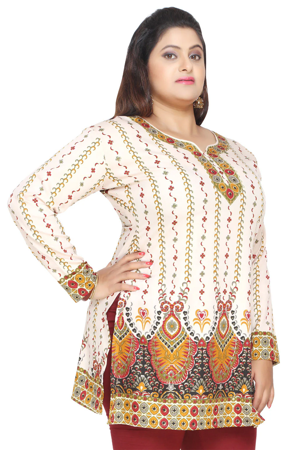 Womens Indian Tunics Kurti Top Printed Plus Size Apparel (Off-White) - Image 2
