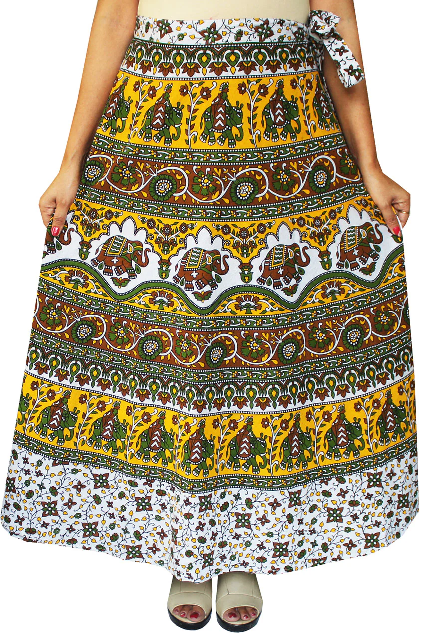 Women's Printed Long Indian Cotton Wrap Skirt (Yellow, One Size) - Image 2