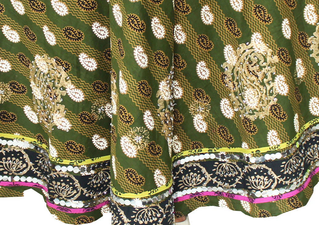 Womens Long Indian Skirt Cotton Block Printed Designer India Clothing (Green) - Image 2
