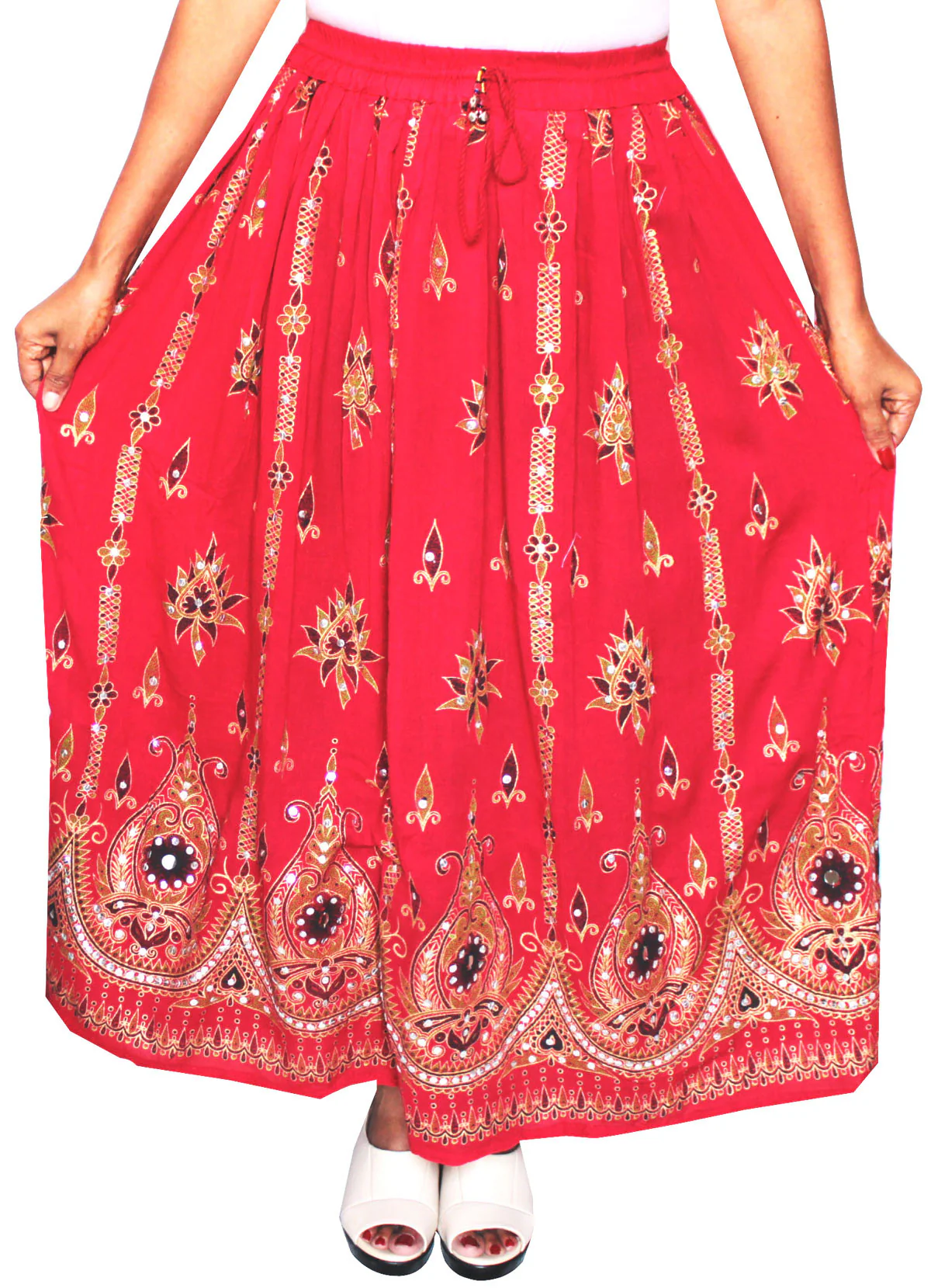 Womens Long Indian Skirts Sequins Ankle Length Rayon India (Red) - Image 2