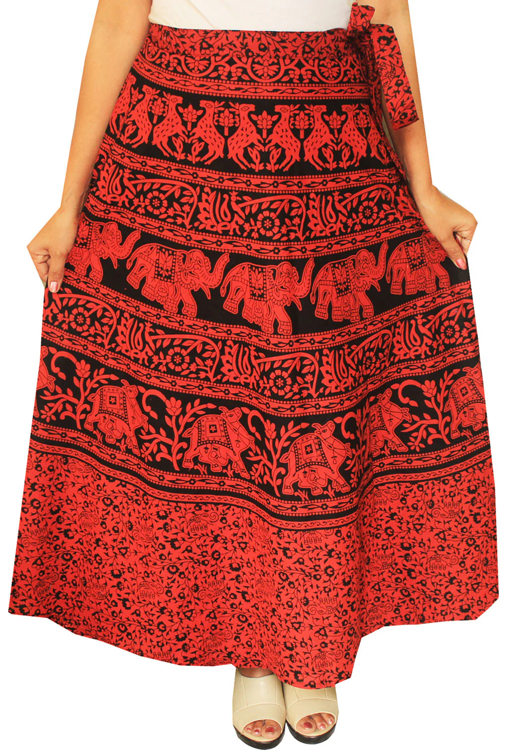 Womens Long Skirt Wrap Around Printed Cotton India Clothes (Red) - Image 2