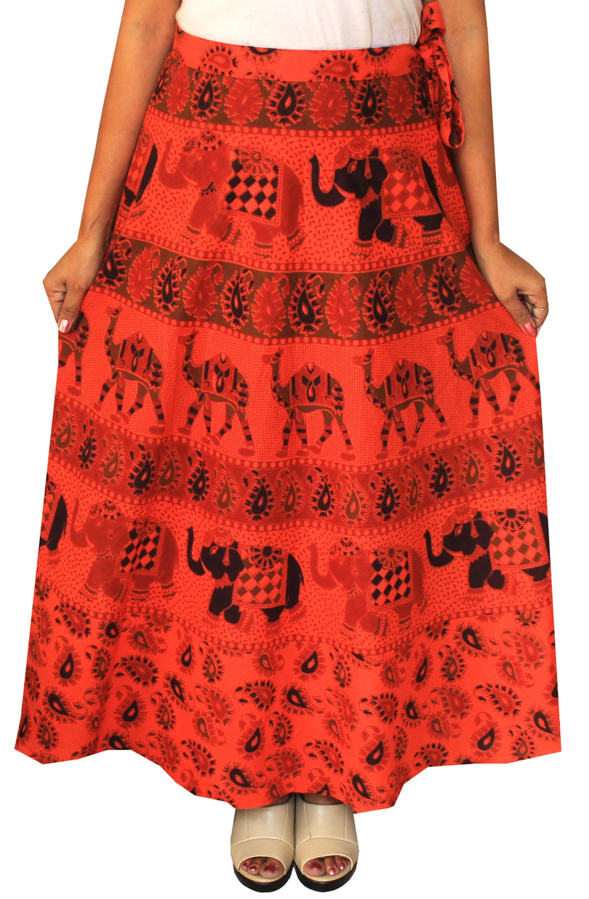 Womens Long Skirt Wrap Around Printed Cotton India Clothes (Red) - Image 2
