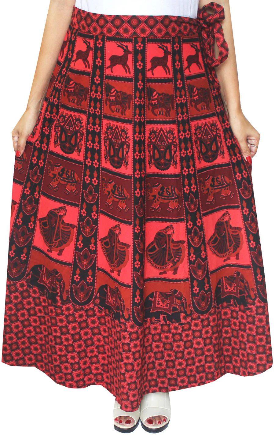 Womens Long Skirt Wrap Around Printed Cotton India Clothes (Red) - Image 2